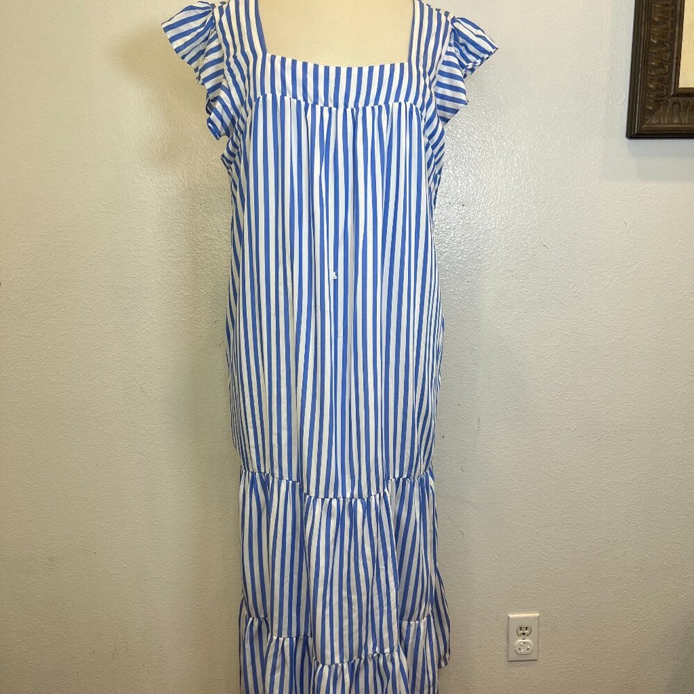DRAPER JAMES RSVP Midi Sun Dress Blue White Striped XL